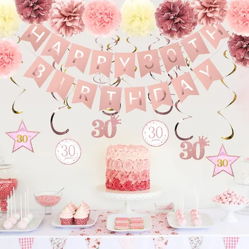 Vista 2 de Decoraciones de fiesta de oro rosa, pancarta de feliz cumpleaños 30 con purpurina de oro rosa, pompones, kit de espirales colgantes brillantes