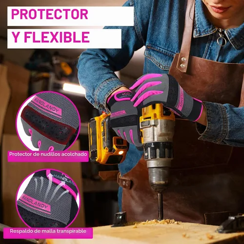 Vista 3 de HANDLANDY Guantes de trabajo para mujer, guantes de jardinería de cuero transpirable para mantenimiento de patio, protección de manos con pantalla