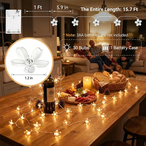 Vista 4 de ITICdecor Guirnalda de luces de flores de 15 pies, 30 luces LED de hadas de Navidad con pilas, para interiores y exteriores, iluminación