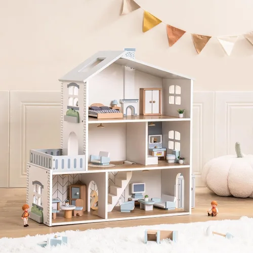 Vista 2 de ROBOTIME Casa de muñecas de madera, casa de muñecas de madera con 29 muebles, 6 habitaciones para muñecas de 4 a 6 pulgadas, regalo para niños a