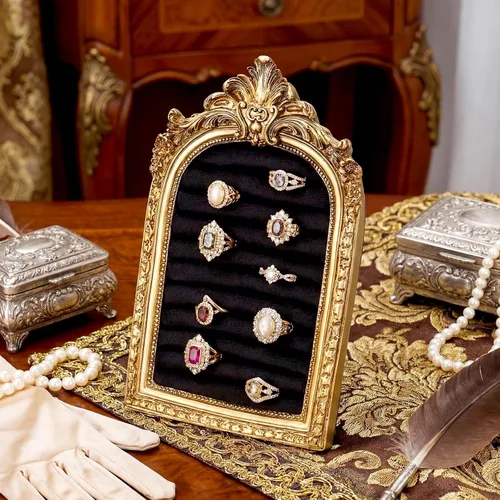 Vista 25 de Liliaafar Vintage Ring Holder Rectangle Black Ring Wedding Display Suede Jewelry Box Stand Frame Earring Tray Anniversary Engagement Baroque