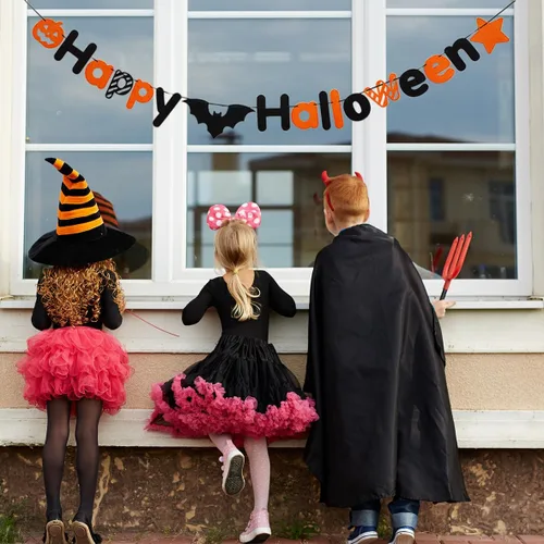 Vista 4 de JSDJ Cartel de Feliz Halloween, guirnalda de fieltro con decoraciones de calabaza araña, suministros de fiesta para uso en interiores, pared