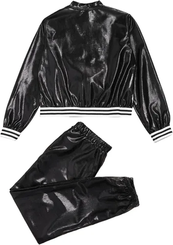 Vista 4 de TiaoBug Disfraz de baile de jazz hip hop para niños y niñas, brillante, metálico, manga larga, chaqueta bomber y pantalones deportivos