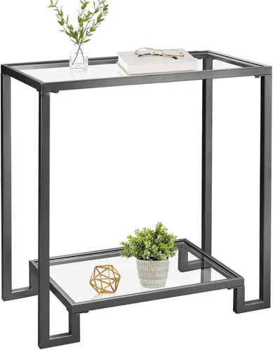 Vista 5 de Mesa auxiliar redonda de 2 niveles, mesa auxiliar de metal negro con parte superior de cristal Modern Metal Clear Coffee Table，Glass and Black