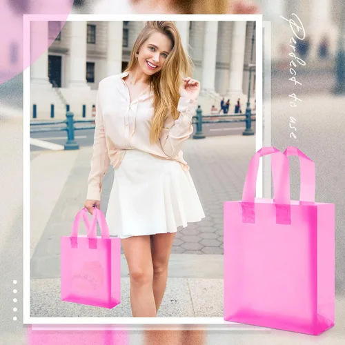 Vista 4 de Qilery Paquete de 100 bolsas de regalo de plástico esmerilado con asas, pequeñas bolsas de plástico de 8 x 4 x 10 pulgadas para pequeñas empresas