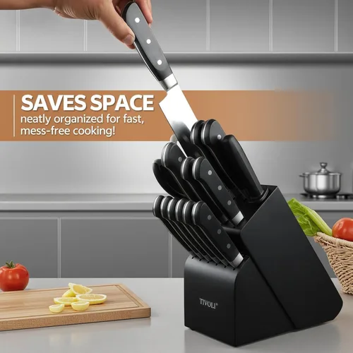 Vista 2 de TIVOLI Juego de 15 cuchillos de cocina de acero inoxidable de alto carbono con bloque y barra de afilado, juego de cuchillos negros afilados de alta