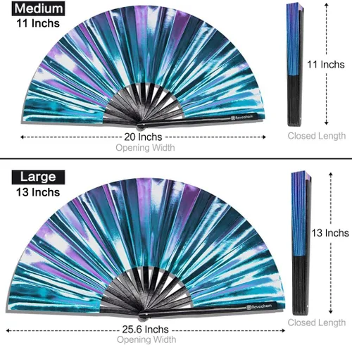 Vista 3 de Ventilador grande para rave, ventilador de mano plegable Clack con tela de primera calidad, marco de bambú grueso para hombres y mujeres, regalo