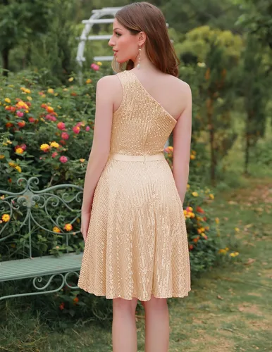 Vista 5 de BeryLove Vestido de lentejuelas para mujer, con purpurina brillante, un hombro, vestido de fiesta, club, vestido de fiesta bodycon vestido