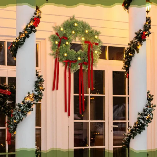 Vista 5 de Guirnalda de cedro de Navidad de 1.8 m con lazo rojo, guirnaldas de pino artificiales iluminadas con luces blancas, vegetación artificial de toque