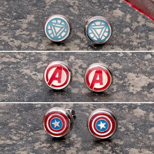 Vista 7 de Aretes hipoalergénicos de acero inoxidable con licencia oficial de Marvel Comics para mujer, diseño de Avenger, unisex, Esmalte