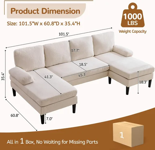 Vista 2 de Korser Sofás seccionales en forma de U para sala de estar, sofá moderno de tela de felpilla de 101 pulgadas con diván doble, sofá de 4 asientos