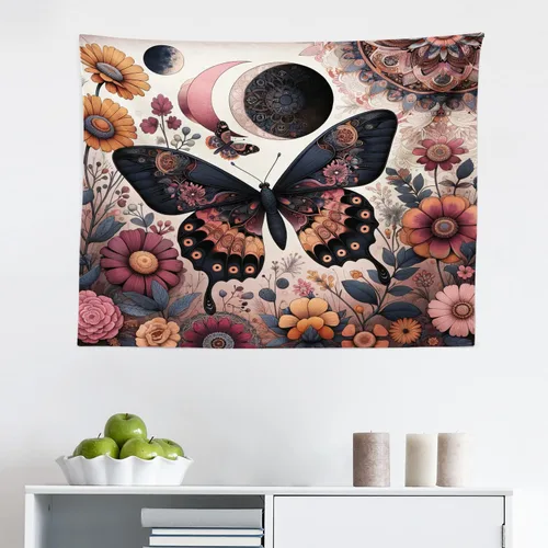 Vista 2 de Ambesonne Tapiz bohemio, diseño floral de bruja, luna y mariposa con adornos de mandala, decoración de tela para colgar en la pared para dormitorio