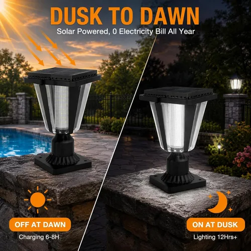 Vista 11 de Lovus Paquete de 2 luces solares para exteriores, 400 lúmenes, poste de aluminio del atardecer al amanecer con base de montaje en muelle, IP65