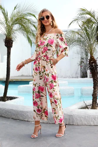 Vista 3 de Love Welove Fashion - Overol para mujer, diseño floral, hombros descubiertos, con volantes, manga corta, cintura alta, pantalones de pierna ancha