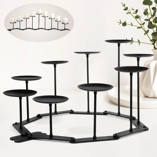 Vista 9 de Candelabro ajustable de metal de 5 pilares, color negro mate Weighted Iron Base Prevents Wobbling, Fast 3-minute assembly, Elegant Matte Black