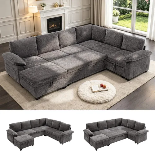 Vista 29 de Sofá cama modular modular con cama extraíble, sofá modular de 5 asientos en forma de L con almacenamiento, sofá nube, sofás seccionales convertibles