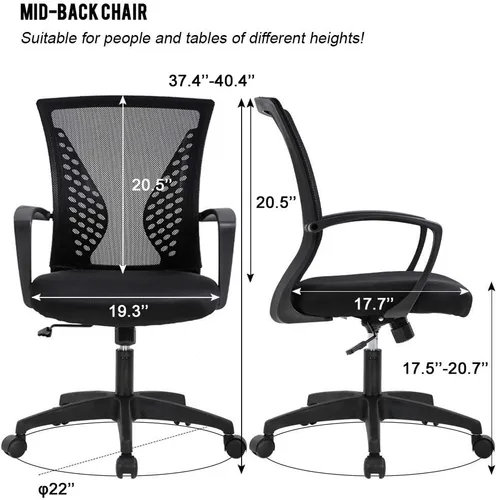 Vista 2 de HHS Silla de oficina ergonómica de malla, silla de computadora con soporte lumbar, reposabrazos de respaldo medio, giratoria, ajustable, para Negro