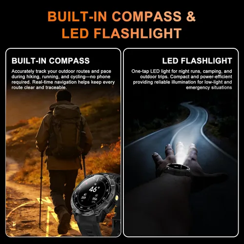 Vista 3 de Reloj inteligente militar resistente para hombre con GPS, reloj AMOLED de seguimiento de fitness de 1.43 pulgadas con llamada Bluetooth Negro