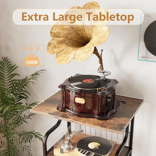 Vista 11 de Soporte para tocadiscos, mesa para tocadiscos de 3 niveles, almacenamiento de discos de vinilo con escritorio extragrande, mesa auxiliar para discos
