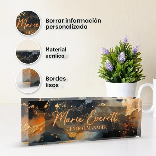 Vista 3 de Placa de identificación acrílica personalizada para escritorio, decoración de oficina personalizada E-negro oro