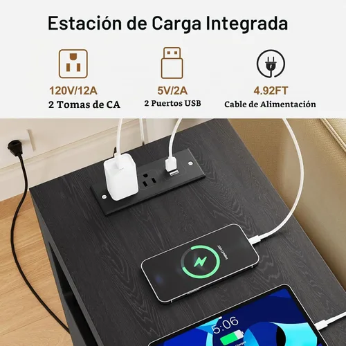 Vista 4 de Mesa auxiliar estrecha con estación de carga y ruedas, mesa auxiliar de sofá estrecha móvil con puertos USB y salidas para espacio pequeño, sala