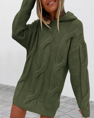 Vista 3 de KIRUNDO Suéter de punto trenzado de gran tamaño con capucha para mujer, para otoño e invierno 2023, suéter grueso de manga larga