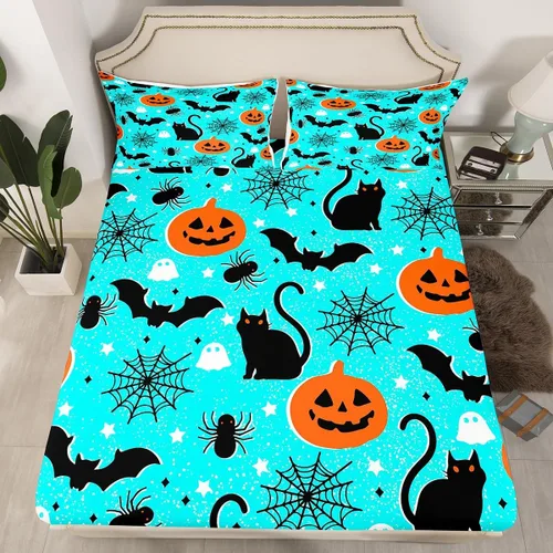 Vista 16 de Juego de sábanas bajeras con bonito diseño de gato negro para niños y niñas, diseño de dibujos animados de Halloween, gato, animales, sábanas