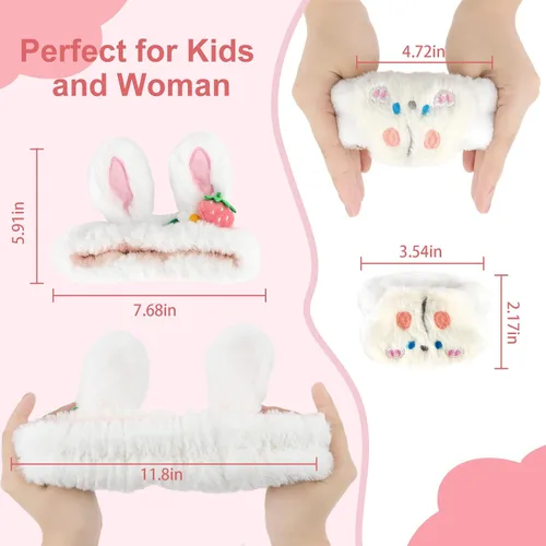 Vista 3 de CAVETEE Juego de 3 piezas de diadema linda - Diadema elástica cosmética de spa, pulsera para mujeres, cuidado facial y ducha Oreja de conejo blanco