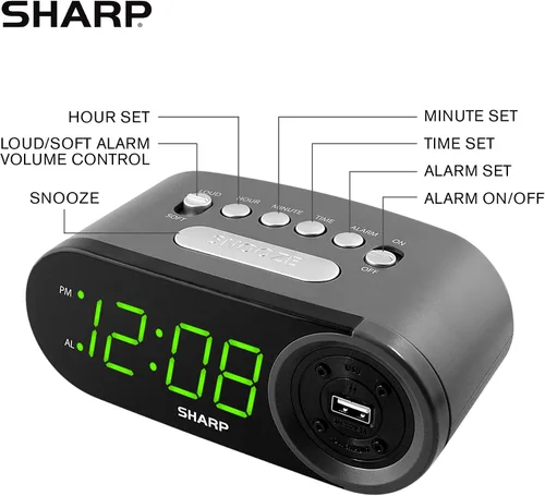 Vista 4 de Reloj despertador digital Sharp fácil de leer con puerto de carga USB de 2 amperios de alta velocidad: ¡carga tu teléfono, tableta con una carga