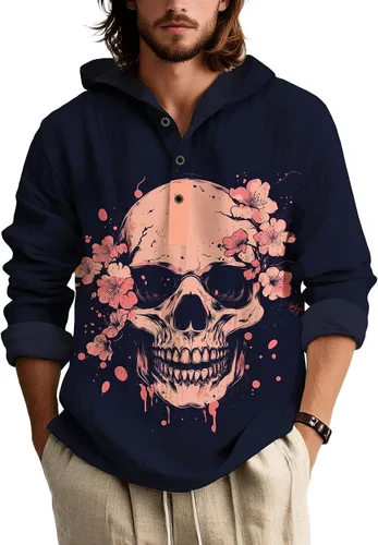 Vista 20 de Sudadera con capucha para hombre, de gran tamaño, elegante, vintage, con botones, casual, de manga larga, sudadera con capucha