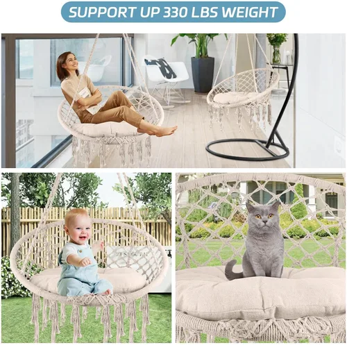 Vista 6 de Silla columpio de macramé con cojín y accesorios extraíbles, hamaca resistente tejida a mano con cuerda de algodón, soporta 330 libras para patio