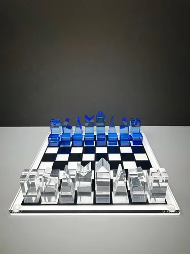 Vista 7 de Juego de ajedrez acrílico de lujo, diseño sofisticado y elegante, varios colores disponibles (transparente/azul-azul)
