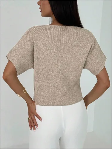 Vista 3 de SOLY HUX Cárdigan de manga corta con cuello en V para mujer Caqui liso.