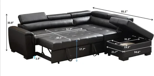 Vista 6 de Sofás seccionales para sala de estar, sofá esquinero de cuero con otomana de almacenamiento, sofá modular convertible con cama extraíble (negro)