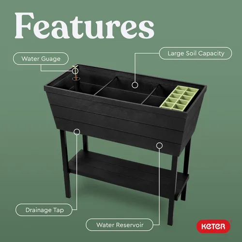 Vista 14 de Keter Urban Bloomer - Jardinera elevada de 12.7 galones y maceta de jardín de hierbas para exteriores con medidor de riego automático y tapón