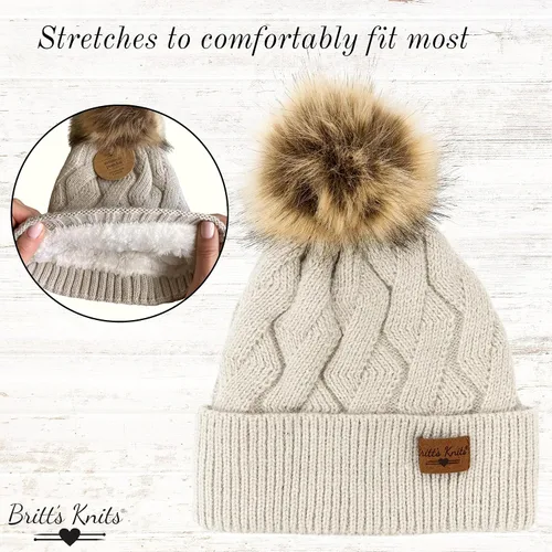 Vista 3 de Britt's Knits Gorro de punto cálido para mujer, con forro de felpa, pompón para clima frío