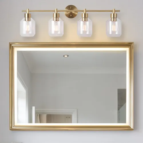 Vista 2 de Globe Electric 52083 Cannes - Lámpara de tocador de 4 luces, latón mate, pantallas de cristal opal, bombilla no incluida