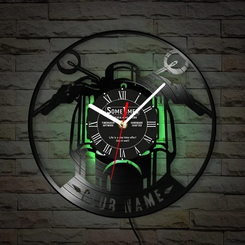 Vista 8 de The Geeky Days Reloj de pared con disco de vinilo para motocicleta, con nombre personalizado, 7 colores cambiantes, para motocicletas, garaje, reloj