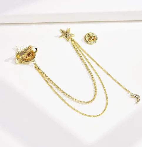 Vista 7 de Broche de estrella de planeta de moda, circonita cúbica con borla de cristal, cadena de luna creciente, clip para abrigo, traje, ramillete, broches