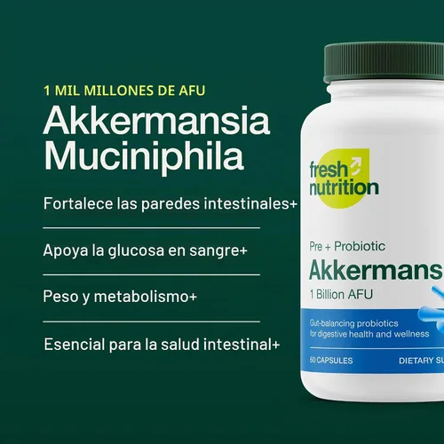 Vista 2 de Fresh Nutrition Akkermansia Muciniphila Probiotic 1 mil millones de AFU para producción de GLP-1 - Suplemento probiótico pre + - 60 cápsulas