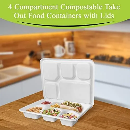Vista 5 de three leaf Bandeja de Bagazo de 6 Compartimentos Resistente - Súper Fuerte - Natural - Ecológica Platos Desechables de Bagazo, 100% Biodegradables