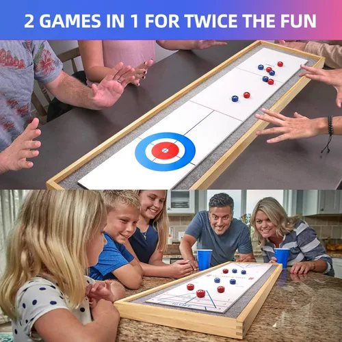 Vista 4 de GSE Games & Sports Expert Juego de mesa de Shuffleboard y Curling de madera maciza 2 en 1 con 8 rodillos para familia y amigos