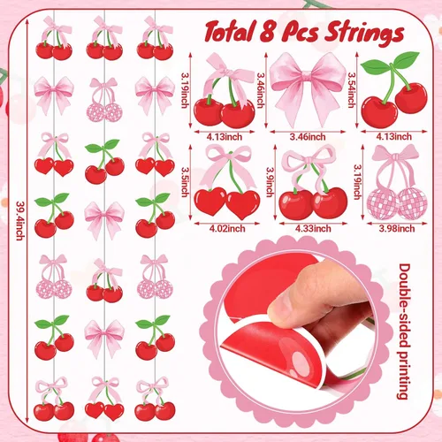 Vista 2 de Xinnun Decoraciones de Fiesta de Cerezas Pancartas Colgantes con Lazo Rosa Guirnalda Cerezas Decoraciones de Baby Shower Recortes Cintas Serpentinas