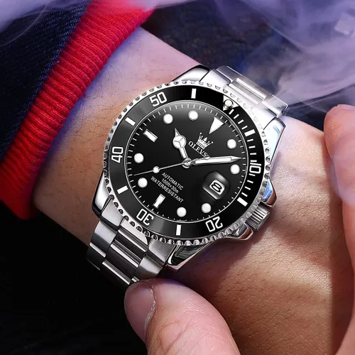 Vista 2 de Reloj automático de viento automático para hombre, reloj de lujo de acero inoxidable con fecha, reloj clásico impermeable con bisel giratorio