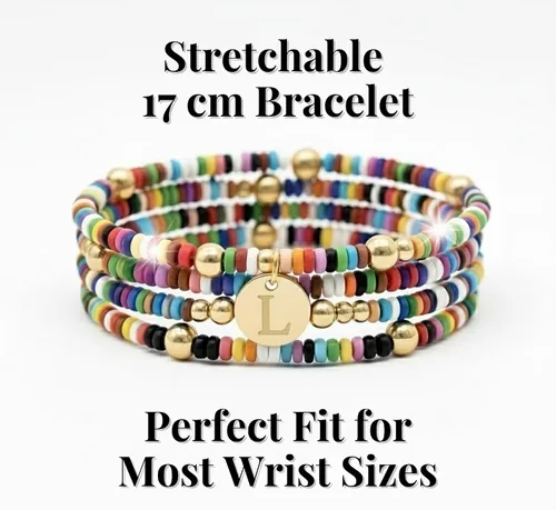 Vista 4 de Juego de 4 pulseras con iniciales de cuentas de colores, joyería apilable personalizada, pulseras elásticas ajustables para mujer, juego de pulseras