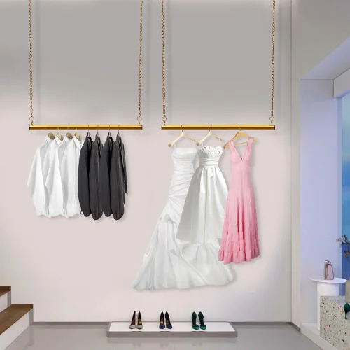 Vista 6 de 2 unidades, 24 estantes de ropa colgantes para boutique, altura ajustable, perchero de metal para vestidos de boda, estante de ropa dorado, colgador
