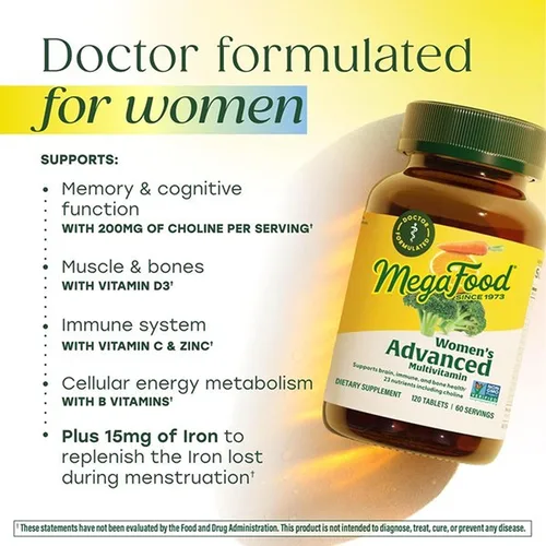 Vista 4 de MegaFood Multivitamínico avanzado para mujeres - Formulado por médicos con hierro, colina, vitamina D, vitamina C y zinc - Salud cerebral - Apoyo