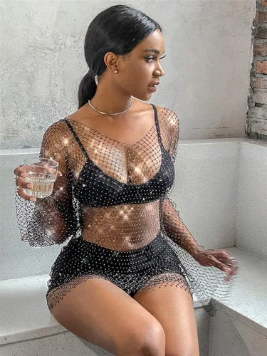 Vista 3 de Ingemark Bikini de malla transparente de moda para mujer con cuello en V y manga larga con malla