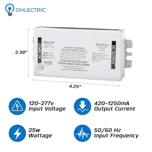 Vista 2 de OhLectric Controlador LED compacto programable de corriente constante de 25 vatios - 120-277 voltios - regulable con atenuador de 0-10 V
