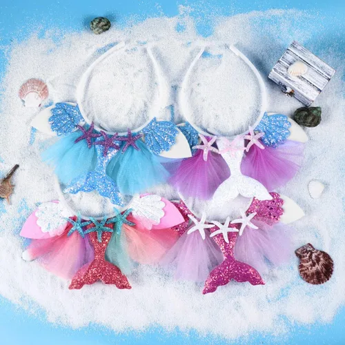 Vista 4 de Lurrose - Diadema de cola de sirena, 4 piezas, accesorios para el pelo, disfraz de cumpleaños, suministros para mujeres y niñas